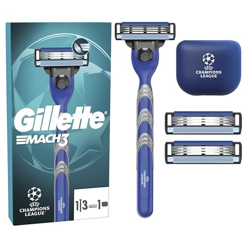 Gillette Mach3 Standard Rasierer für Männer UEFA Champions League Special Edition, 1 Rasierer, 3 Ersatzklingen, Mit Gleitstreifen und Klingenbeschichtung, inkl. Reiseschutzkappe