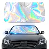 QQWD Car Windshield Sun Shade, Iridescent Sunshade for Car Front Windshield with Mirror V-Cut, Foldable Laser Titanium Silver Reflector Sun Visor with Storage Pouch, Universal Sunshield (Small)