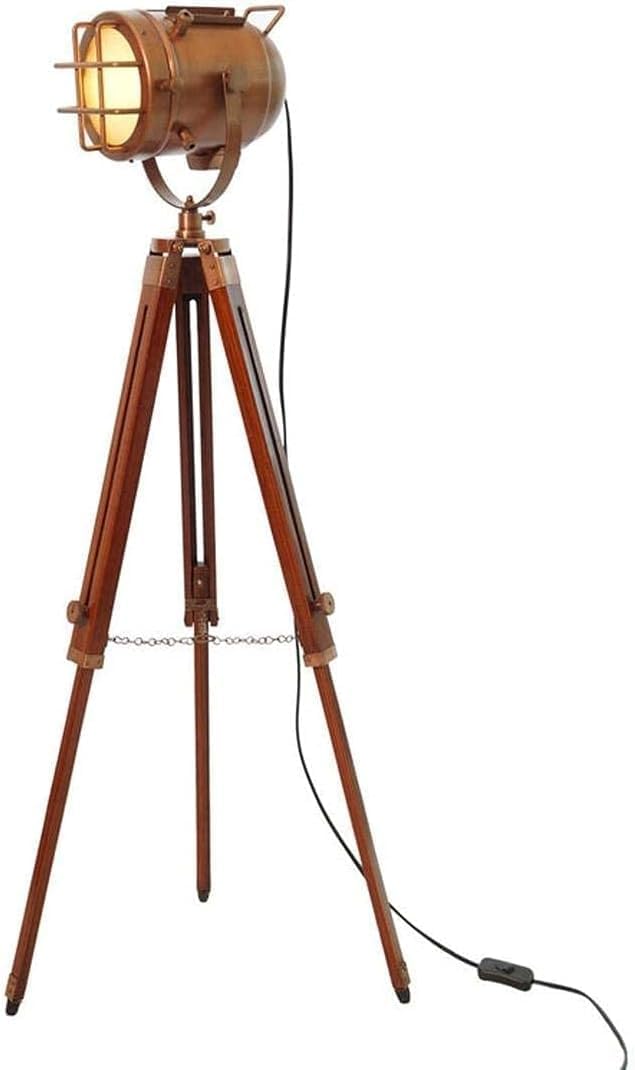Vintage Copper Antique Wooden Tripod Floor Lamp Nautical Marine Studio Searchlight Home Decorative E27 LED Light Lamp Floor Lamp for Living Room Bedroom, Office, Cinema,