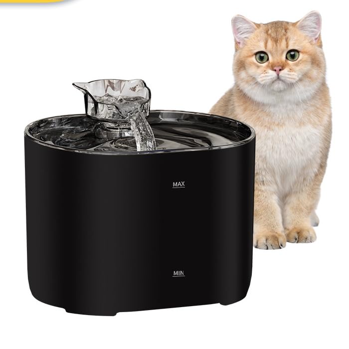 Fuente de Agua para Gatos, Bebedero de Gato, 2,2 litros de Capacidad, Silenciosa, con Filtro, Bomba de Agua y Adaptador UE Incluido. Garantizado sin BPA. (Negro)