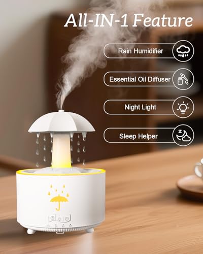 Humidificador estético 2 en 1 difusor de aceite con gota de lluvia giratoria de 360° y 7 luces LED de estado de ánimo, humidificador ultrasónico silencioso de niebla fría hasta 24 horas, regalo ideal