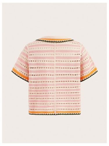 WDIRARA Women's Hollow Out Crochet Cardigan Sweater Button Front Collared Short Sleeve Knit Top2