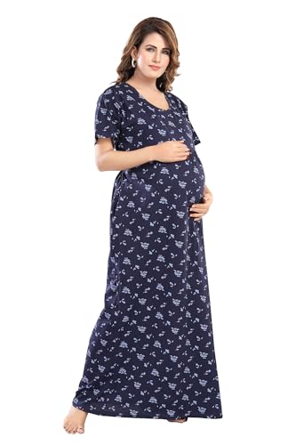 Image of Fabme Women's Full Length Printed Pre and Post Pregnancy Pure Cotton Nursing Nightdress Nighty