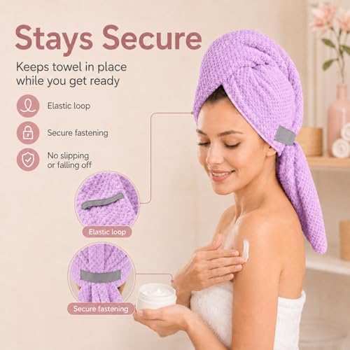 Image of Large Hair Towel Wrap for Women, Quick-Dry Turban, Ultra Absorbent & Anti-Frizz, Ideal for Long, Thick & Curly Hair, Soft Lightweight Microfiber Drying Towel (24x42, Purple)