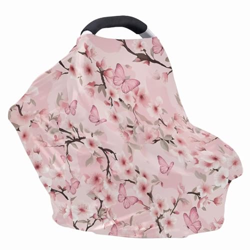 Image of Butterfly Nursing Cover Cherry Blossom Carseat Covers Baby Car Seat Cover for Girls,Stretchy Car Seat Canopy Multiuse Nursing Covers, Pink