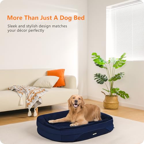 HMTOPE Orthopädisches Hundebett, Hundesofa, Vierseitiges Nackenrolle Kissen, rutschfeste Unterseite Hundekorb, Abnehmbar und Waschbar, Mittelgroße Hunde, Grosse Hunde, 106 x 79 x 17 cm, Navyblau
