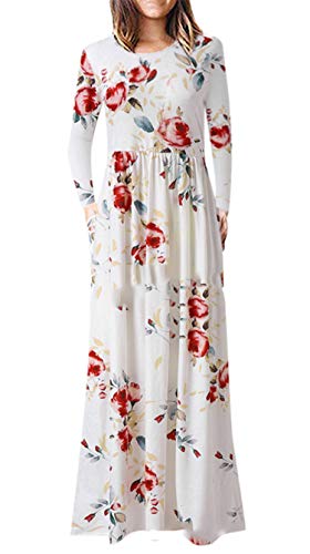 Andongnywell Women s Casual Floral Printed Long Maxi Dress with Pockets Print Long Sleeve Loose Dresses White