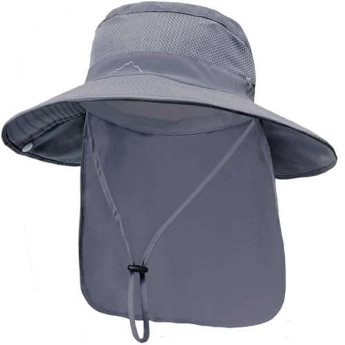 ZOORON Sombrero de sol para hombres y mujeres al aire libre UPF50+ sombrero de malla de ala ancha sombrero de pesca con solapa para el cuello gorra de protección solar, 1 gris oscuro (solapa para el