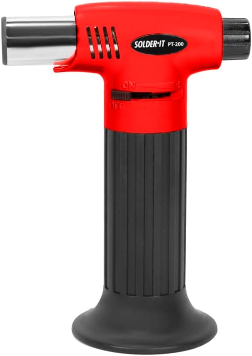 Solder-It Red Pro-Torch PT-200 | Mini Butane Torch Lighter | Compact Blow Torch, Soldering Tool, and Grill Lighter | Waterproof Piezo Electronic Ignition System | For Soldering, Brazing, and Plumbing