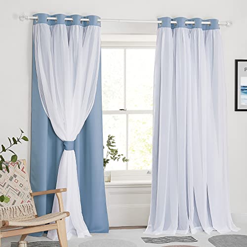 Image of PONY DANCE Curtains for Living Room, 52-inch Wide, Shadow Blue, Set of 2 | 84 inches Long Sheer Curtains with Blackout Panels Double Layered Blackout Home Decor