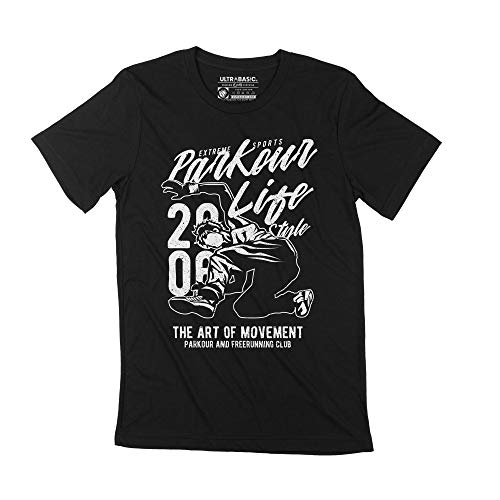 Ultrabasic - Homme Tee-Shirt Parkour Lifestyle - Graphique pour Les Sports Extrêmes – Parkour Lifestyle - Graphic for Extreme Sports – T-Shirt Graphique Éco-Responsable Vintage Cadeau Nouveauté Noir Profond S