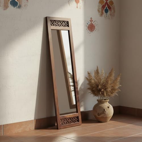 Image of APRODZ Floor Mirror Full Length with Solid Sheesham Wood Frame | Rectangular Standing Mirror for Bedroom Living Room Hallway and Dressing Area | Full Length Dressing Mirror, Provincial Teak
