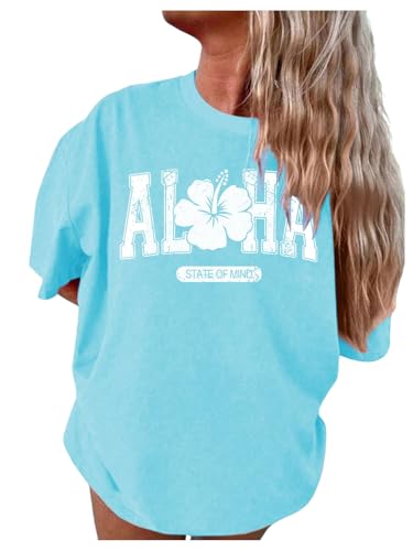 SHENHE Girl's Summer Flower Shirt Letter Print Graphic Crew Neck Tee Vacation Beach Top