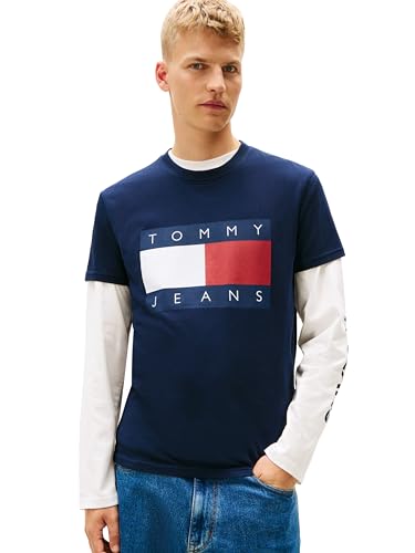 Image of Tommy Jeans Men's Short Sleeve Cotton Graphic T-Shirts with Big Flag Logo Design, Dark Night Navy, Medium