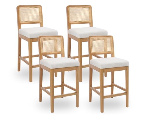 DAYALANE Juego de 4 taburetes de Bar, sillas de Cocina con Respaldo de ratán, Trona con Patas de Madera de Lino, Moderno Bar Stool para mostrador, Cocina, Bistro, café, Comedor, Color Blanco