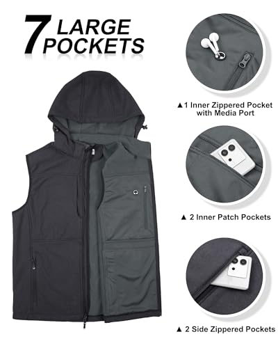 Image of 33,000ft Men's Lightweight Softshell Vest Hooded Outerwear Zip Up Fleece Lined Windproof Sleeveless Jacket for Golf Running