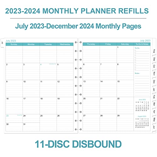 2023-2024 Monthly Planner Refill, 18 Months Refill Planner Runs From July 2023 To December 2024, 11-Disc Discbound Refill Calendar, Two Pages Planner Refills With Tabs, Letter Size, 8.5" X 11", Leaf #TOP1