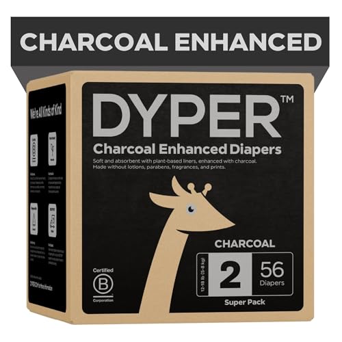 Image of DYPER Charcoal Enhanced Diapers | Baby Diapers from Plant-Based* & Honest Materials | Day & Overnight Diapers | Disposable Diapers for Sensitive Skin (Size 2, 56, Count)