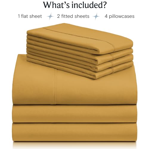 Image of LuxClub 7 PC Split King Sheet Set, Breathable Luxury Bed Sheets, Deep Pockets 18 inch Eco Friendly Wrinkle Free Cooling Sheets Machine Washable Hotel Bedding Silky Soft - Medallion Gold Split King