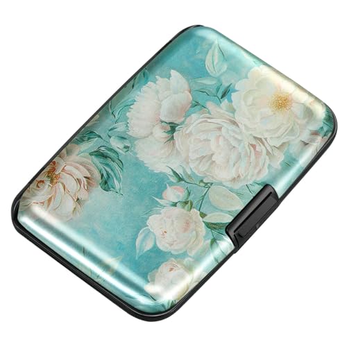 Image of ELFISH Mini RFID Aluminum Wallet Credit Cards Holder Business Card Case Metal ID Case for Men Women, White peony