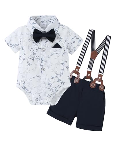 Image of nilikastta Baby Boy Outfits Infant Boys Clothes Dress Shirt/Bowtie/Suspender Shorts Wedding Party 0-18M