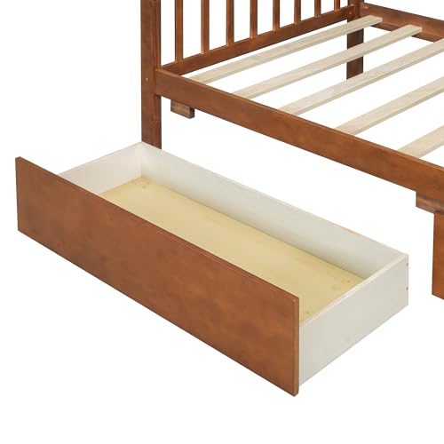 Image of Twin Size Wooden House Bed with Roof Frame and 2 Storage Drawers, Montessori Platform Bed with Headboard and Slat Support for Kids Teens Girls Boys, No Box Spring Needed (Walnut-04, Twin)