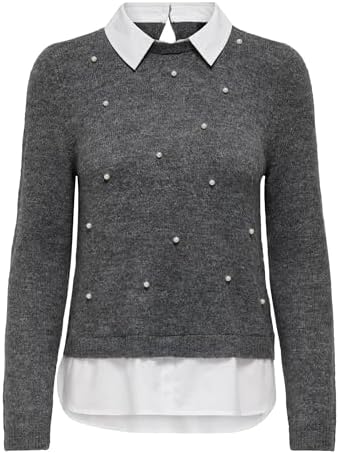 Pull ONLY Onldolly LS Woven Mix Pearl - Manches Longues Avec Perles - Col Chemise - Tendance Automne Hiver