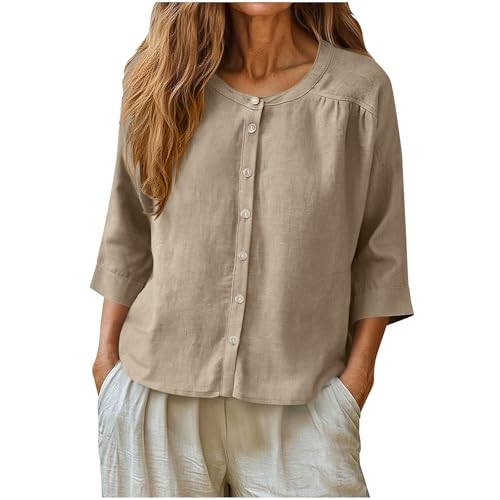 Image of luoluoluo Women's Cotton Linen Tops 3/4 Sleeve T-Shirt Ladies Button Up Blouse Crew Neck Jumpers Plain Pullover Office Work Loose Shirts Blouses Lightweight Sweatshirts Khaki