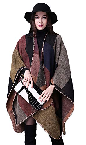 Epsion Women's Color Block Shawl Wrap Plus Size Cardigan Poncho Cape Open Front Long Winter Sweater Coat Khaki - Thumbnail 4