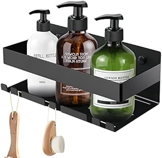 LIVEHITOP Shower Shelf, Bathroom Shelf SUS304 Stainless Steel with Hook Shower Caddy Matt Black for Bathroom (Drilling / No Drilling )