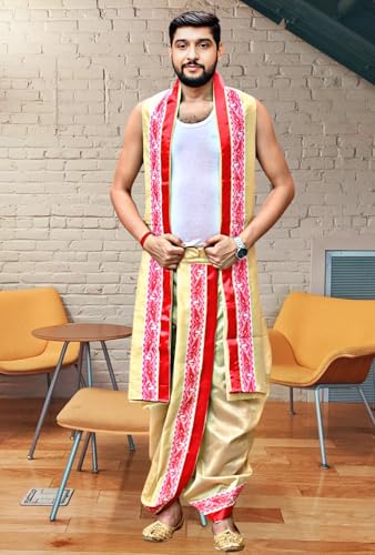 Image of Men's Ethnic | Traditional Ready to wear (Pant System) Readymade Panchakacham Dhoti With Angavastram(Towel) Set, Tassar Silk, Free Size (GC002)
