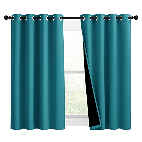 NICETOWN 100% Blackout Curtains 54 inches Long, Double-Deck Completely Blackout Window Treatment Thermal Insulated Lined Drapes for Small Window (Peac