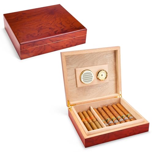 Cigar Humidor Cedar Wood Desktop Cigar Box with Inner Humidifier & Hygrometer and Divider, Cigar Humidor Storage for 15-25 Cigars (CHERRY) by cigarmoon - Used condition - CA$32.15