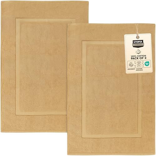 Utopia Towels Cotton Banded Rug, Bath Mats, Not a Bathroom Rug, 21 by 34 Inches, 100% Ring Spun Cotton, Highly Absorbent Shower Bathroom Floor Mat, Champagne, 2 Pack
