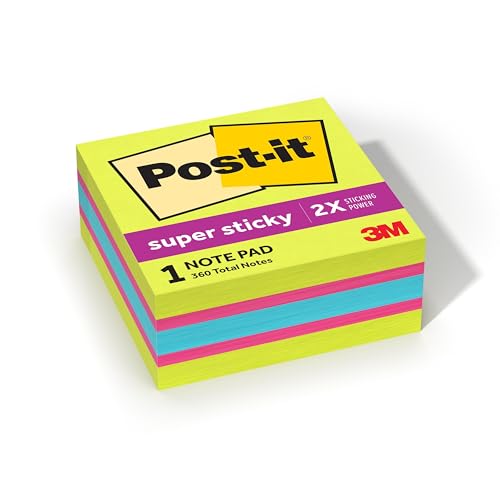 Post-it Super Sticky Notes Cube, 3 in. x 3 in., 1 Sticky Notes Pad, 360 Sheets, Bright Colors, Acid Lime, Guava and Aqua Splash