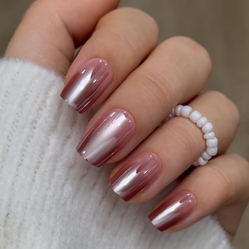 Image of CurvLife Press on Nails Medium Square Acrylic Fake Nails with Apricot Design Full Cover False Nails Glossy Nude Glue on Nails Artificial Stick on Nails for Women (Brown Pearl)