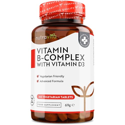 Vitamin B Complex High Potency - 1 full Year Supply - 8 Vitamins B1-B2-B3-B5-B6-B12, Biotin, Folic Acid & Vit D3 in 1 High Strength Micro Tablet - Reduction of tiredness - Made in The UK by Nutravita