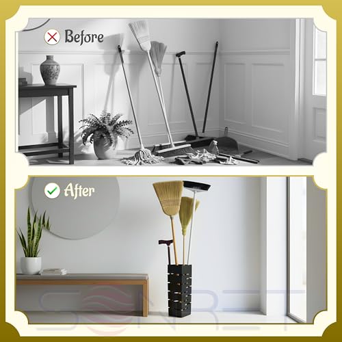 Image of Metal Broom Stand | Powder-Coated Mild Steel Broom Holder | Ventilated Design & Rust-Resistant Finish | Space-Saving Storage for Home /Hostel /Office - Black