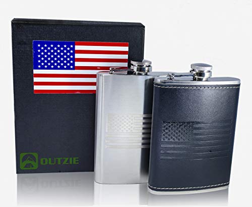 Outzie American Flag Flask - Soft Touch Cover | Laser Welded | 18/8 304 Food Grade Stainless Steel | Leak Proof Slim Profile Classic American Flag Design | Funnel And Gift Box Included #TOP5