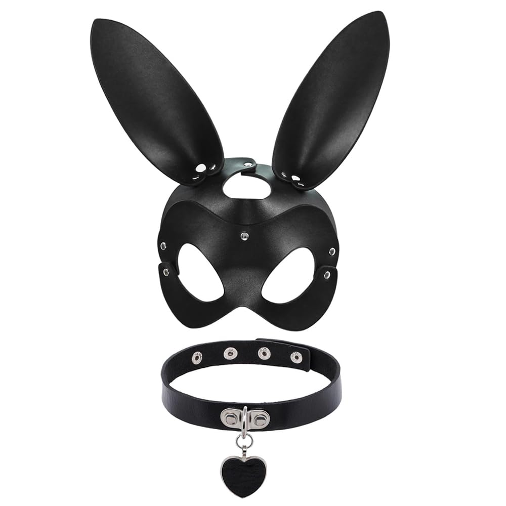 SUNNEE Leather Masks: Black Choker Mask Set for Women Half Face Mask Adults Cosplay Costume Party Props Accessory (Rabbit)