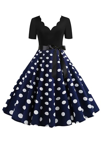 EFOFEI Damen Cocktail Partykleid Valentinstag Spitze Druck Abend Dress Petticoat Lange &Auml;rmel Ballkleid Blau XL