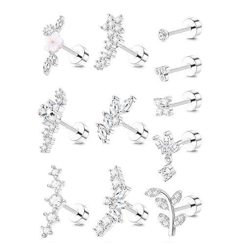 ZELORES 16G Flat Back Cartilage Earrings for Women Hypoallergenic CZ Daith Conch Cartilage Tragus Helix Piercing Jewelry Stainless Steel Tragus Helix Stud Earrings Stacks(Silver-11Pcs)