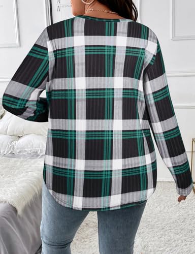 Image of Koscacy Women Plus Size Casual Knit Sweater with Pocket V Neck Solid Color Tops Lightweight Long Sleeve Blouses