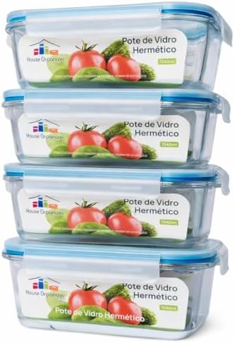 House Organizer KIT 4 Potes de Vidro Retangular com Tampa Herméti...