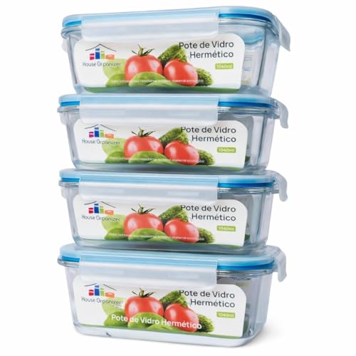 House Organizer KIT 4 Potes de Vidro Retangular com Tampa Hermética 1040ml Cor:Azul