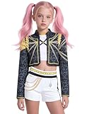 Girls 3 Piece Idol Singer Rumi Costume Kids Golden Set with Star Emblem Chain Graphic Demon Cosplay Hunters Costume for Kids Halloween Costumes Performance EN089L