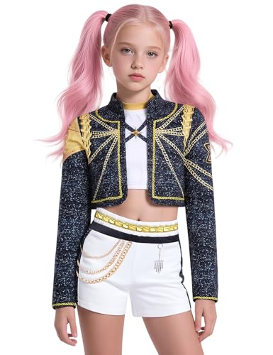 Girls 3 Piece Idol Singer Rumi Costume Kids Golden Set with Star Emblem Chain Graphic Demon Cosplay Hunters Costume for Kids Halloween Costumes Performance EN089L