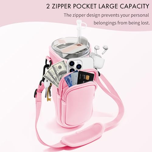 Image of Water Bottle Carrier Bag with Phone Pocket for Stanley Cup 40 /30 oz, Water Bottle Holder with Adjustable Strap& Straw Cover, Stanley Cup Accessories (Pink)