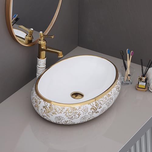 Image of LUXART Oval Ceramic Vessel Sink, White with Gold Floral Pattern Art Design, 24x16x6 Inch Tabletop Wash Basin for Bathroom, Vanity & Hotel (Glossy)