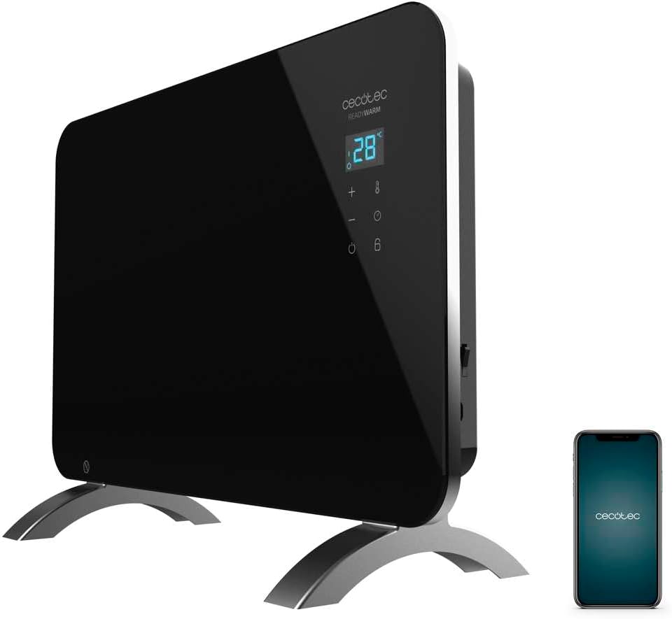 Cecotec Radiador Eléctrico Bajo Consumo Ready Warm 6670 Crystal Connection Con Wifi, 1000 W, Termostato Regulable, Temporizador, Soporte de pie, Protección sobrecalentamiento, Silencioso, Negro